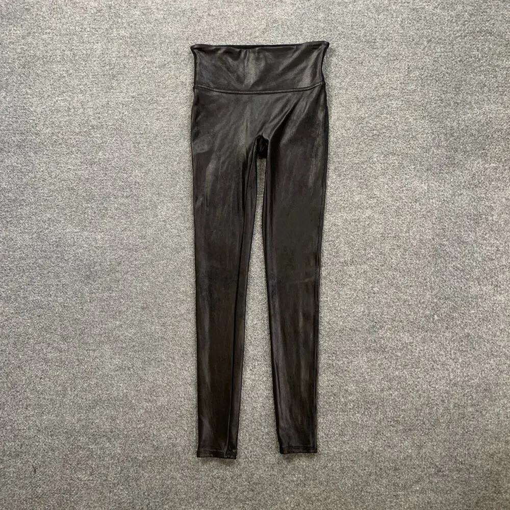 Spanx Leggings Womens S Small Black Coated Faux Leather Pull On Stretch Skinny